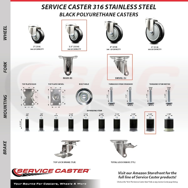 Service Caster 3.5 Inch 316SS Black Polyurethane Swivel 1-3/4 Inch Expanding Stem Caster Set SCC-SS316EX20S3514-PPUB-BLK-134-4 - main